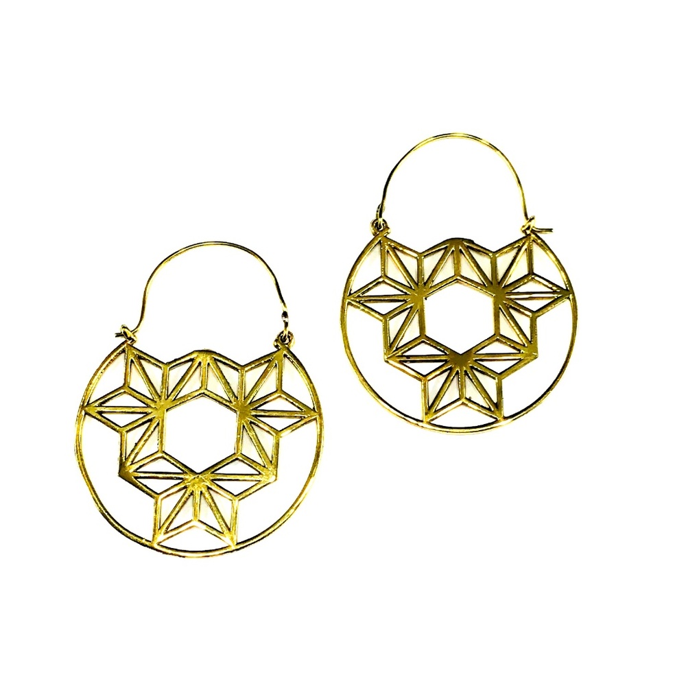 GOLD Tone BRASS Cutout Geometric Hoop Earrings